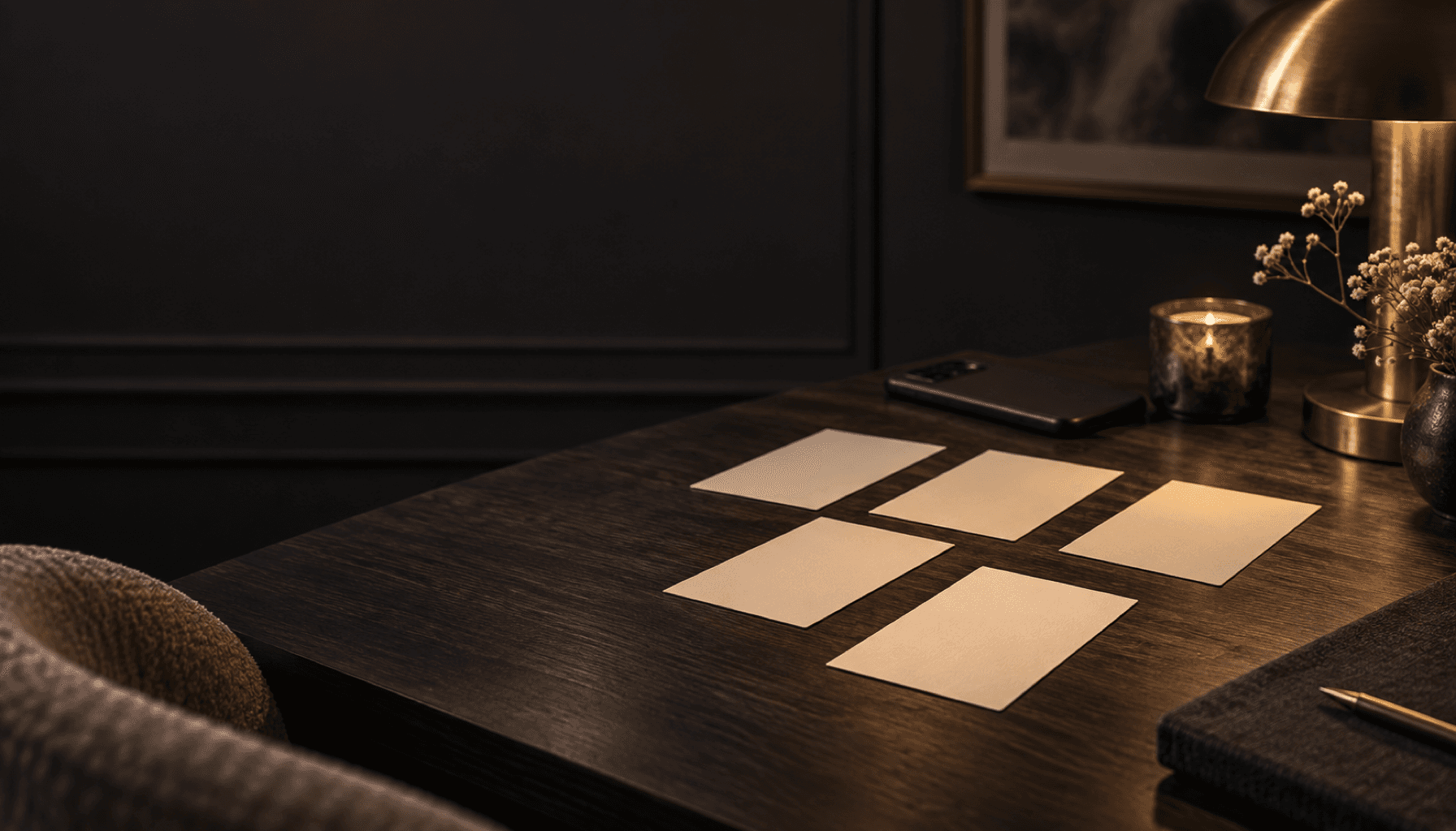 Five blank cream cards arranged on a charcoal table beside a warm lamp.
