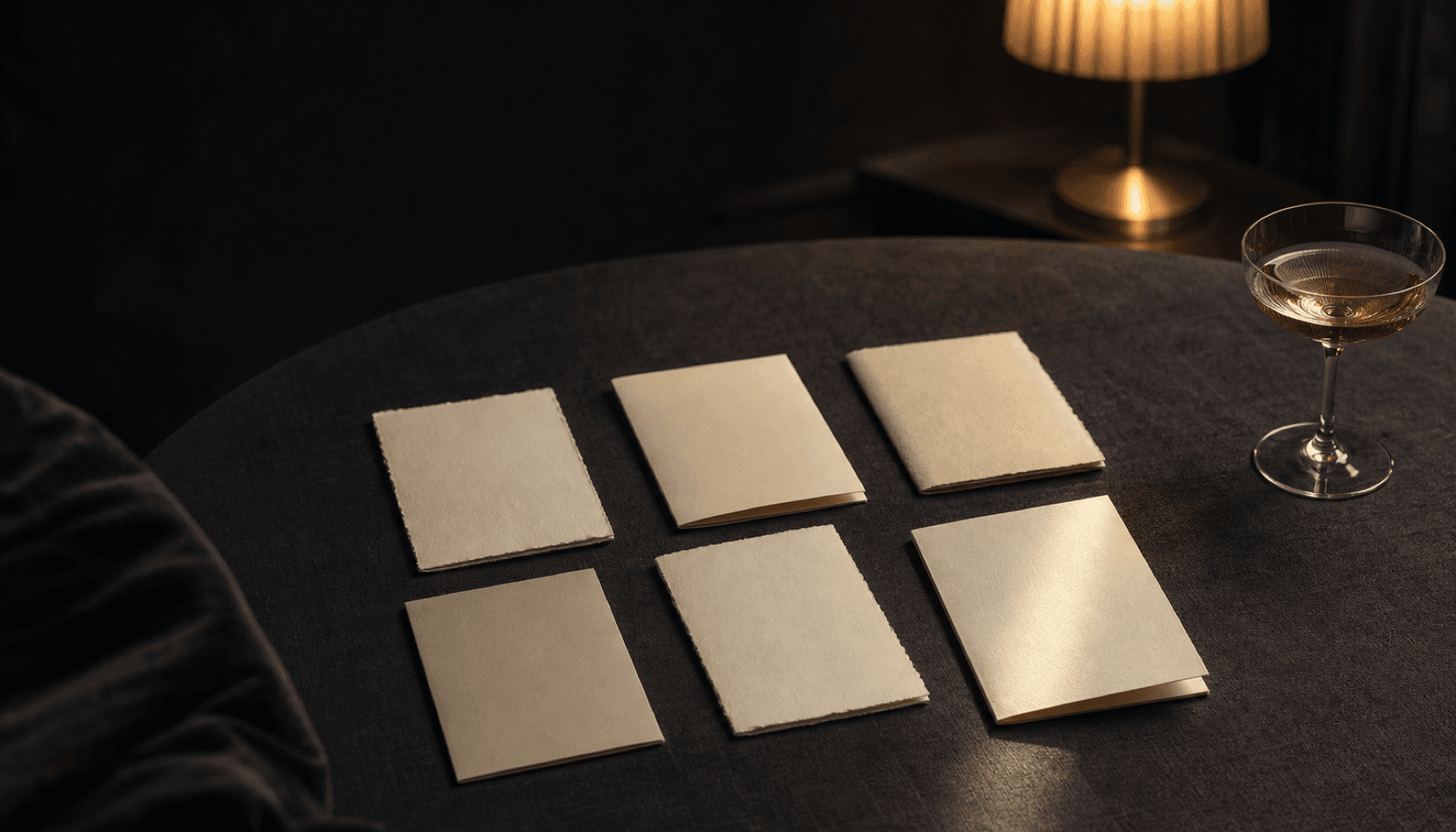 Six blank cream cards laid out on a dark table beside a warm lamp.