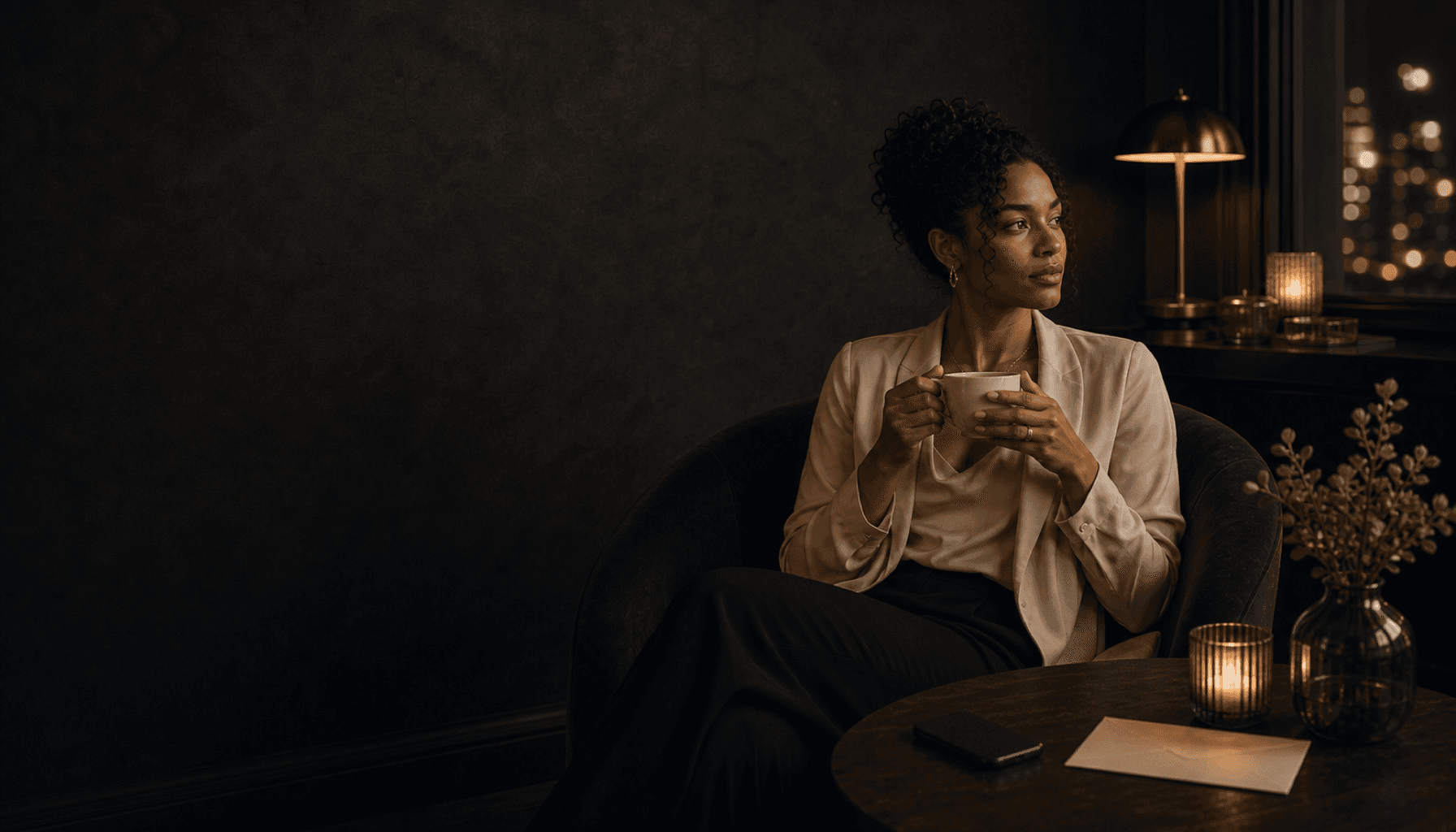A poised woman seated calmly with a cup of tea in a warm, candlelit charcoal room.