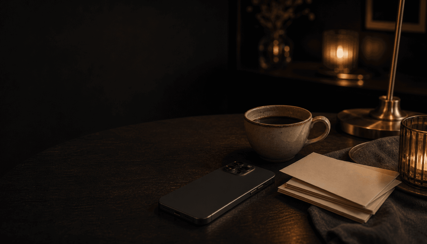 A phone resting face-down beside a coffee cup and folded notes on a candlelit charcoal table.