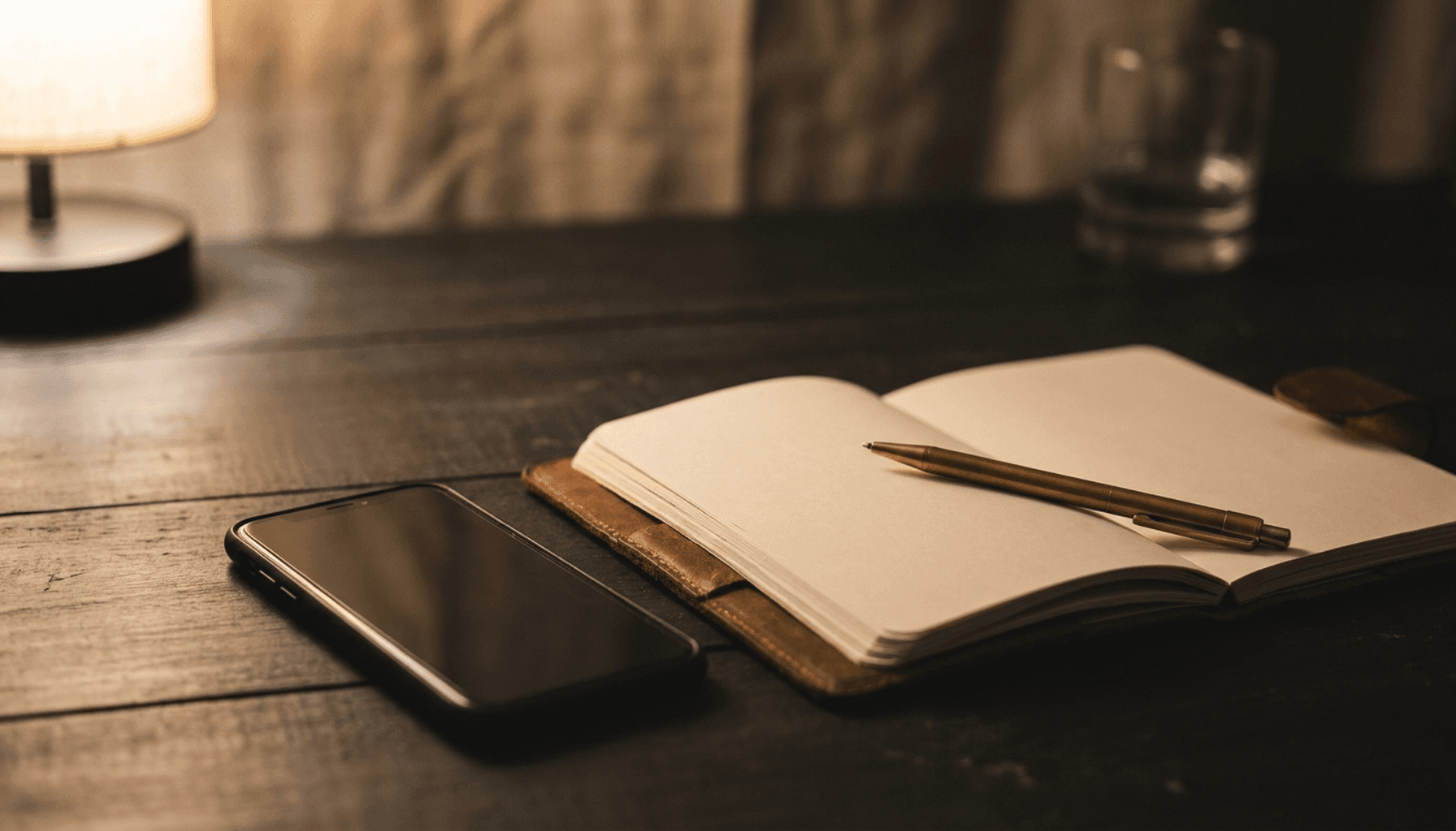 A phone face-down beside a notebook and brass pen on a charcoal table in warm lamplight.