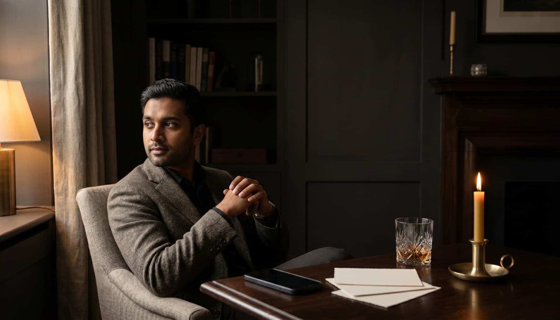 A man seated in a warm charcoal room looking toward window light, a face-down phone resting on the table nearby.