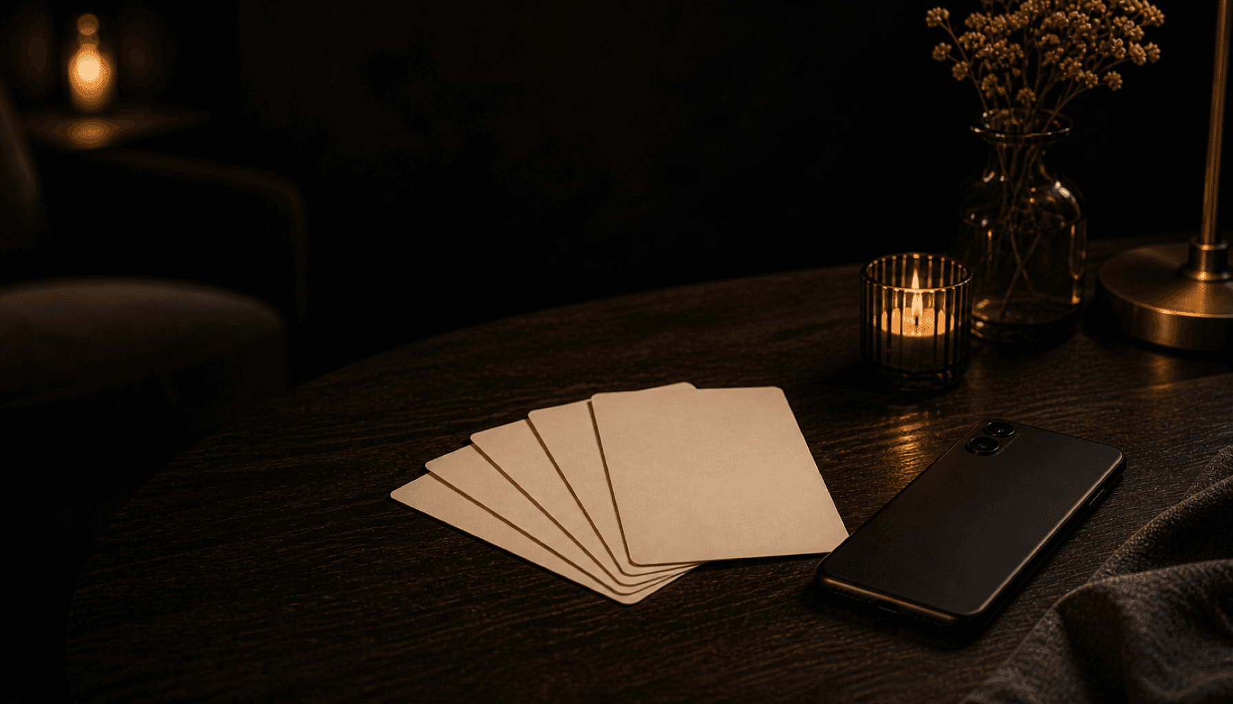 A phone resting face-down beside five cards on a warm charcoal table.