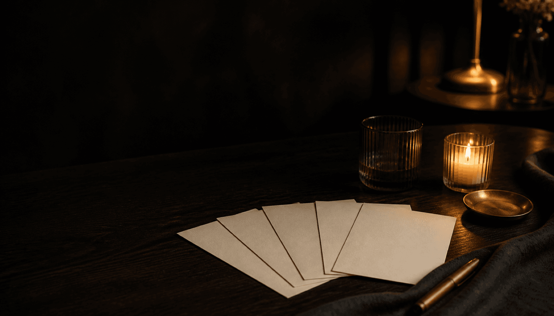 A few blank cream cards fanned on a candlelit dark-wood table.