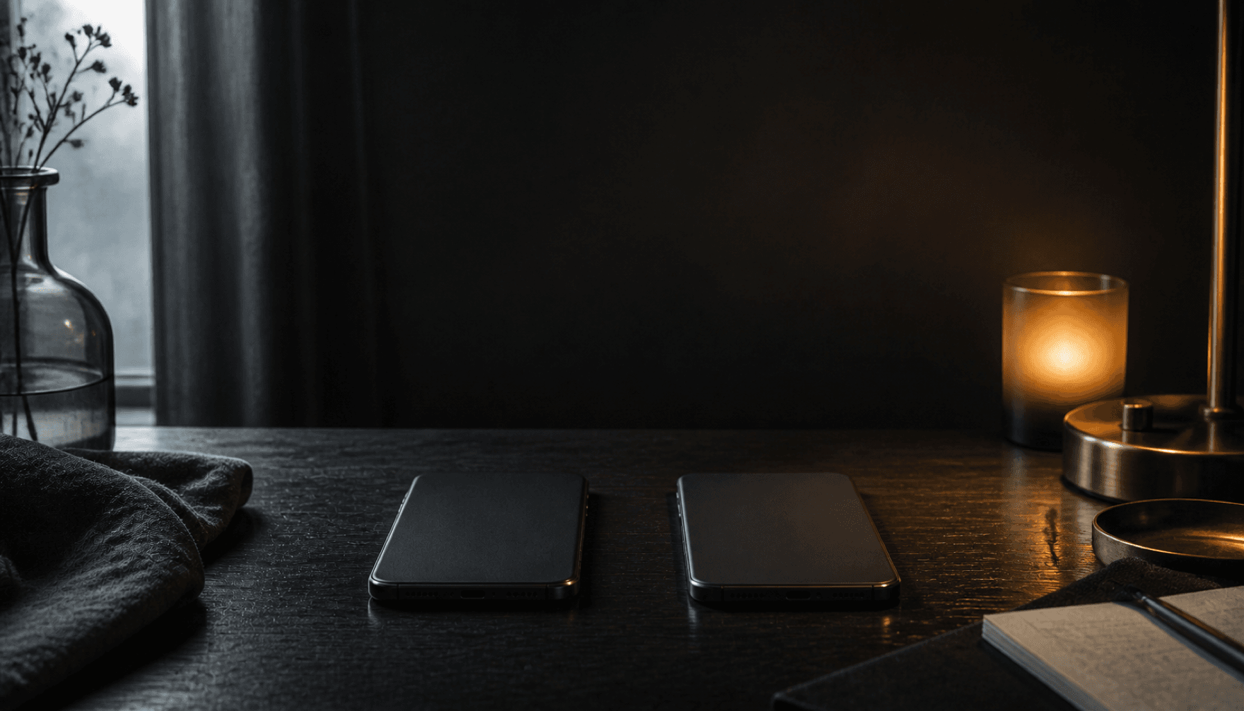 Two phones lying side by side on a dark charcoal table between candlelight and window light.