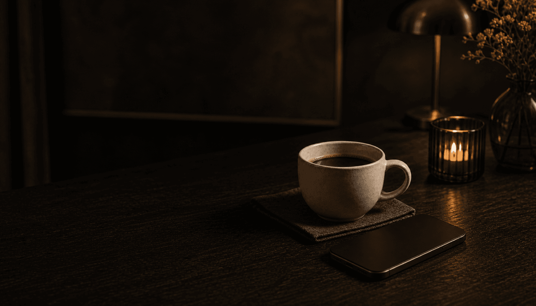 A single coffee cup and a phone on a warm charcoal table, soft amber light.