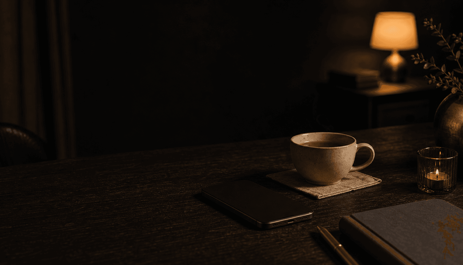 A face-down phone beside a cooling cup on a charcoal table in late warm light.