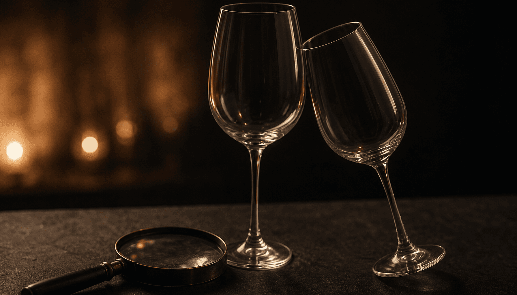 A magnifying glass resting face-down beside two empty wine glasses on a charcoal tabletop in warm champagne candlelight.