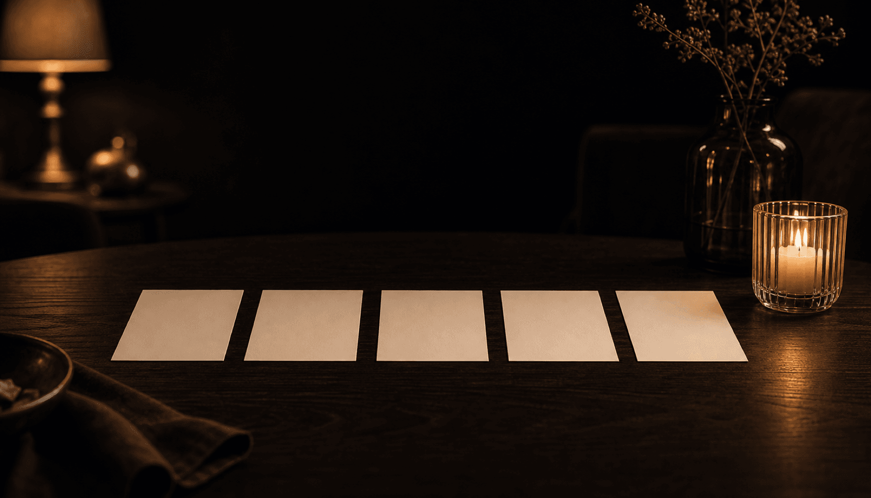 Five blank cream cards arranged in a row on a candlelit charcoal table.