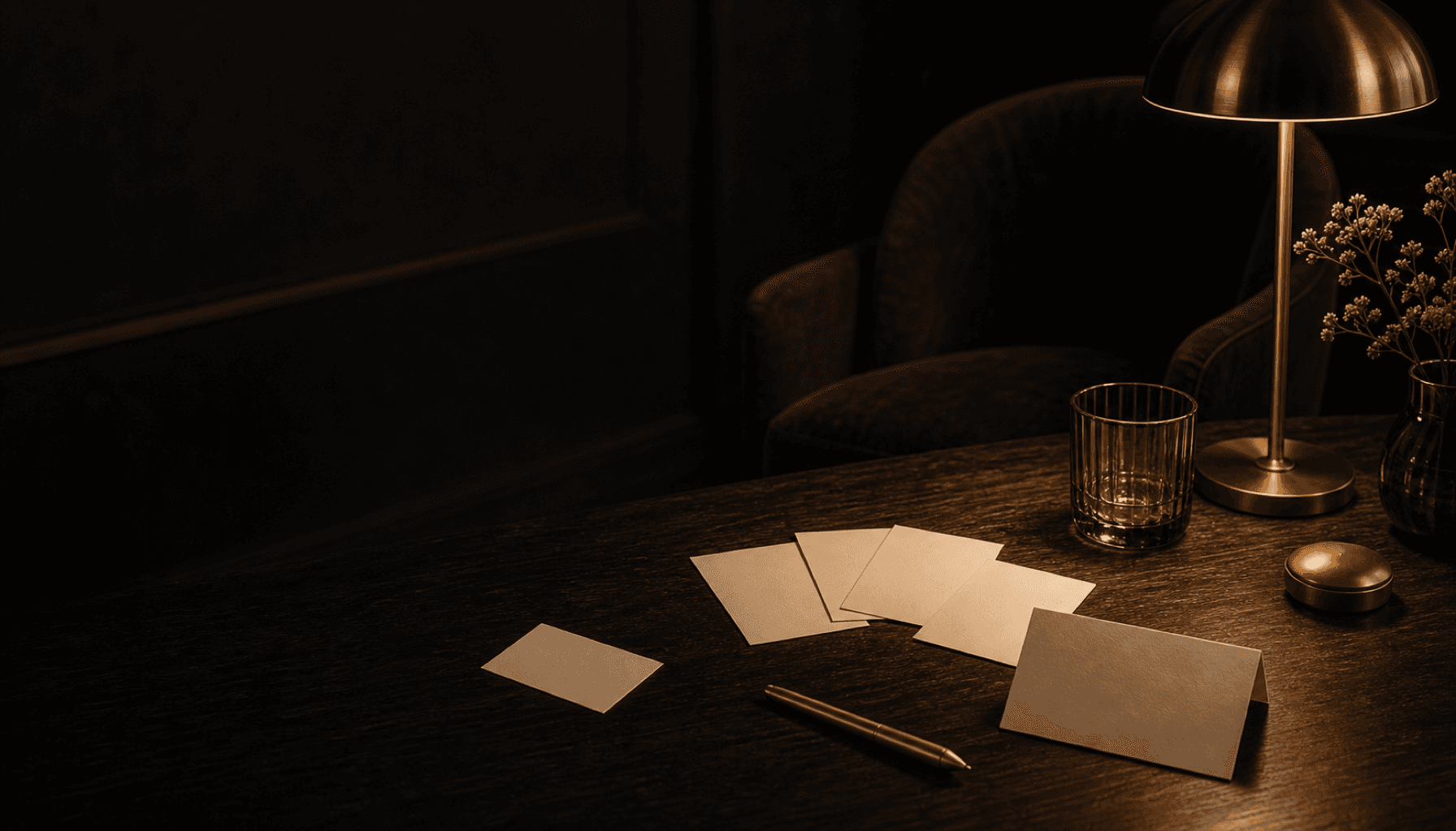 A single chair in a warm pool of lamplight in a dark charcoal room.
