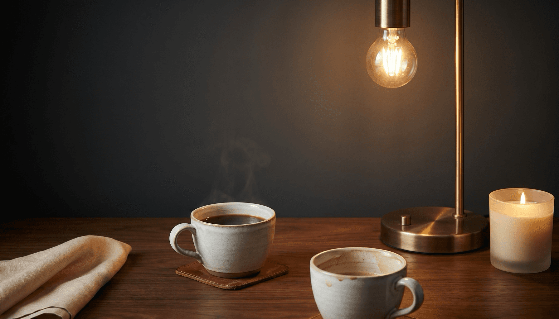 Two coffee cups, one full and one nearly empty, on a dark wood table in warm lamplight.