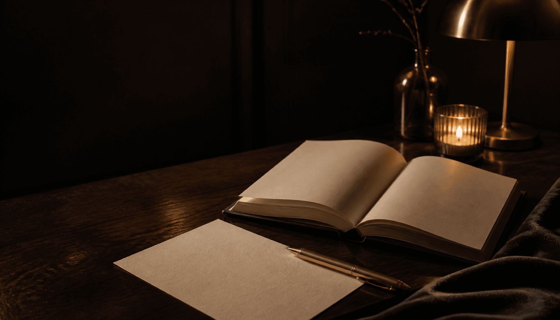 A charcoal guidebook and brass pen on a candlelit dark-wood table.