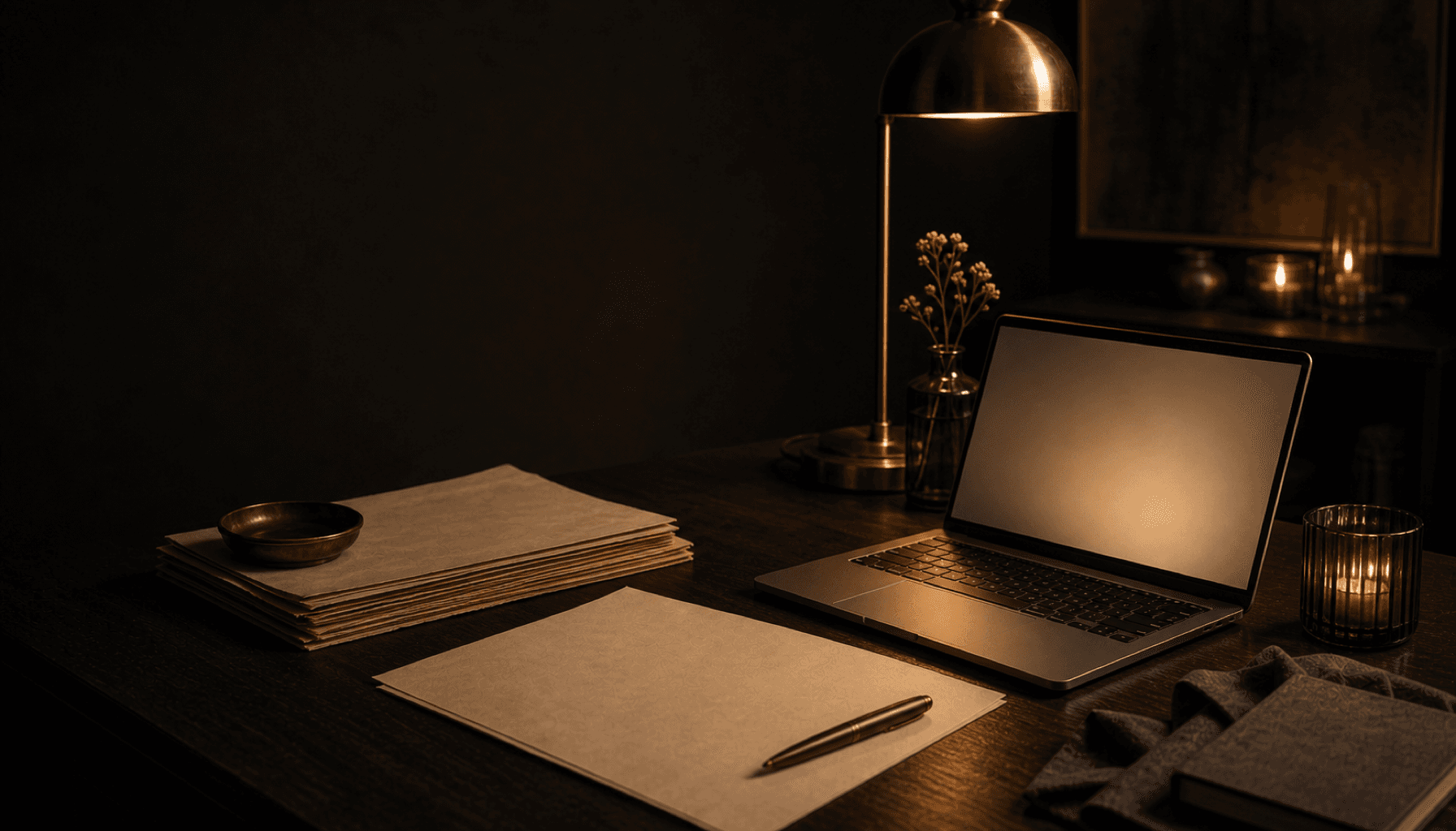 An open laptop with a soft warm glow beside stacked paper under a brass lamp on a dark desk.