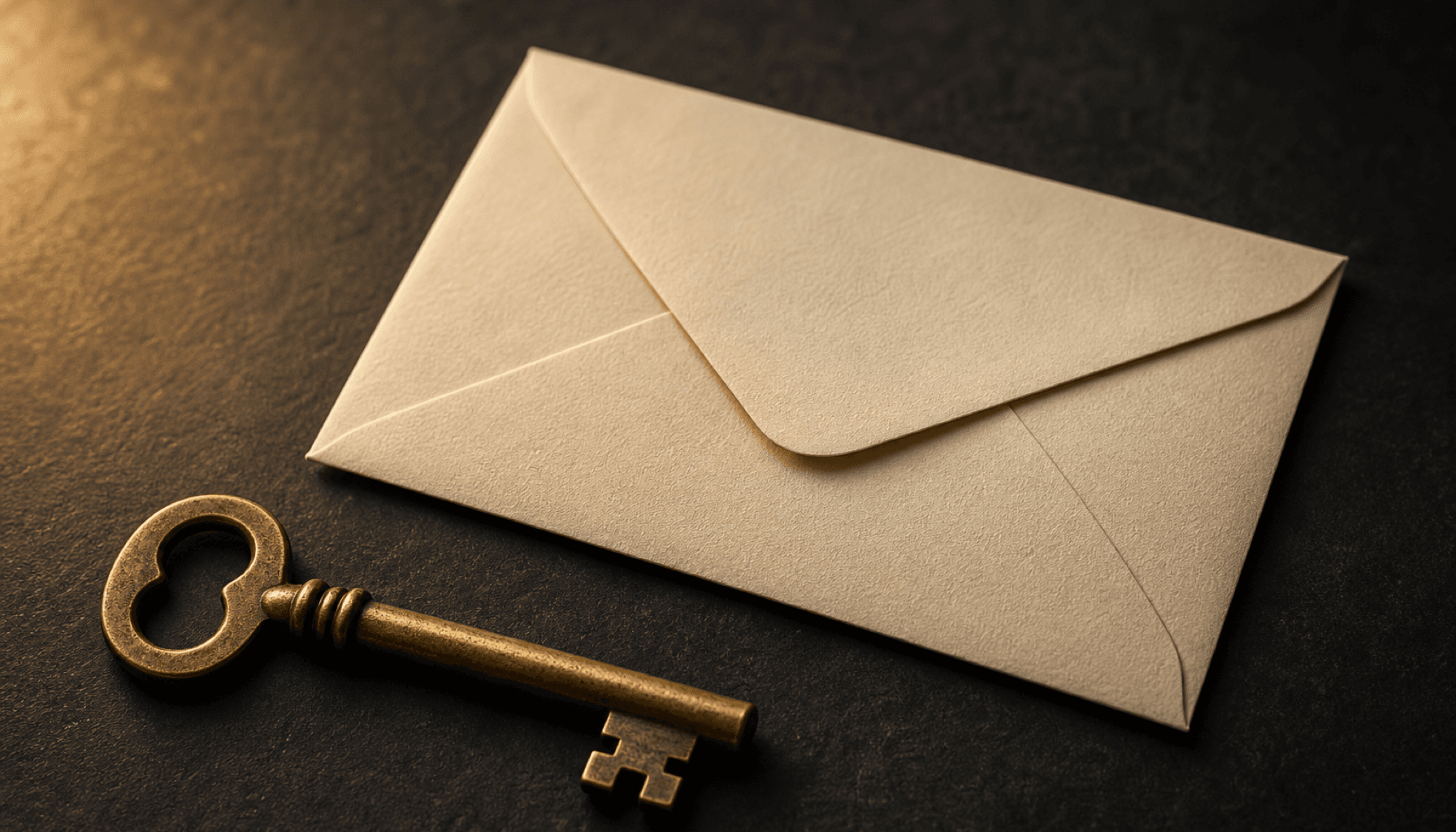 A brass skeleton key lying flat beside a sealed cream envelope on a dark charcoal table in warm champagne candlelight.