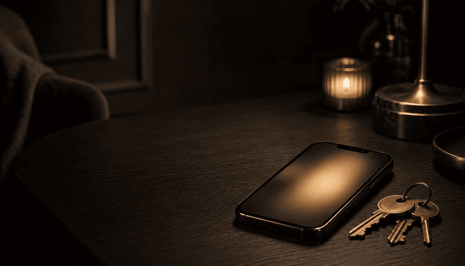 A phone lock screen glowing on a dark charcoal table beside a set of keys.