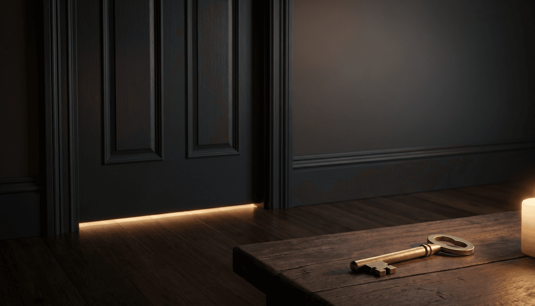 A charcoal door with a warm line of light beneath it and a brass key on the table.