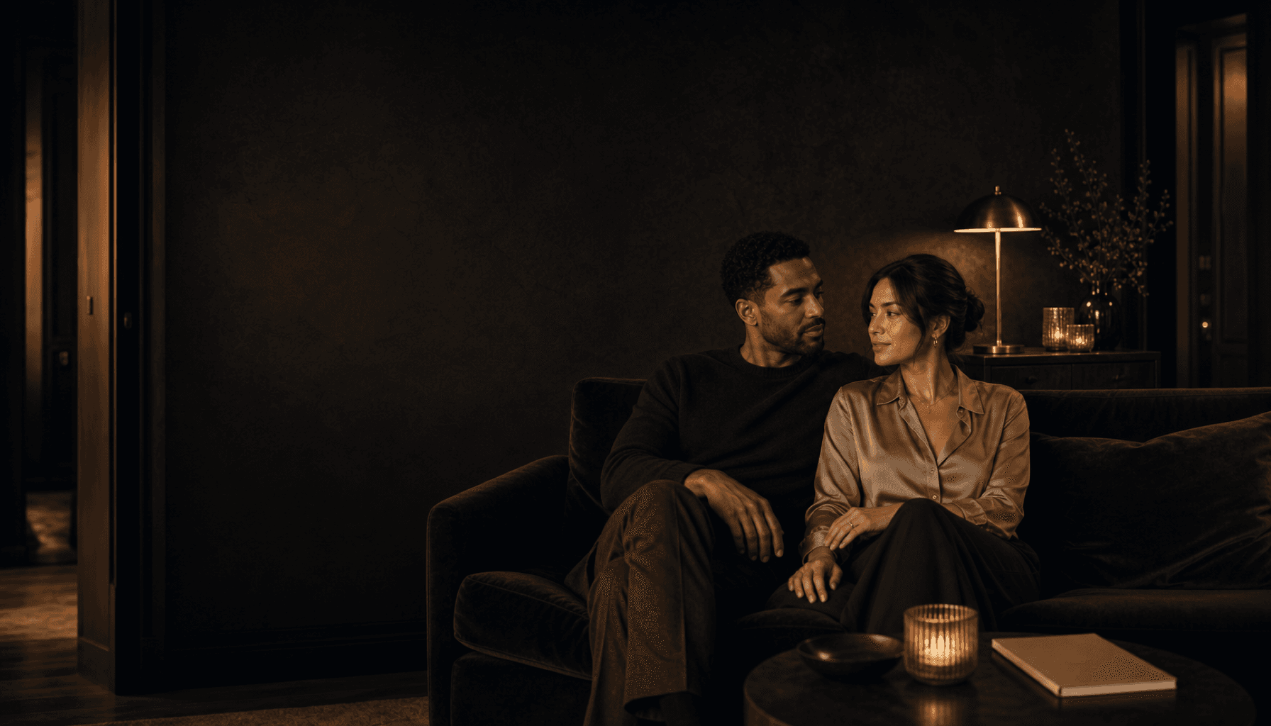 An interracial couple sitting close together in a warm, candlelit charcoal room.