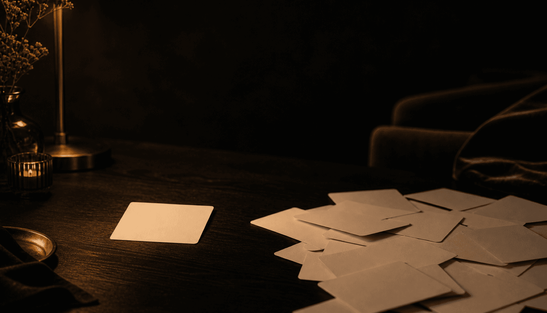 A single card set apart from a scattered pile on a candlelit charcoal table.