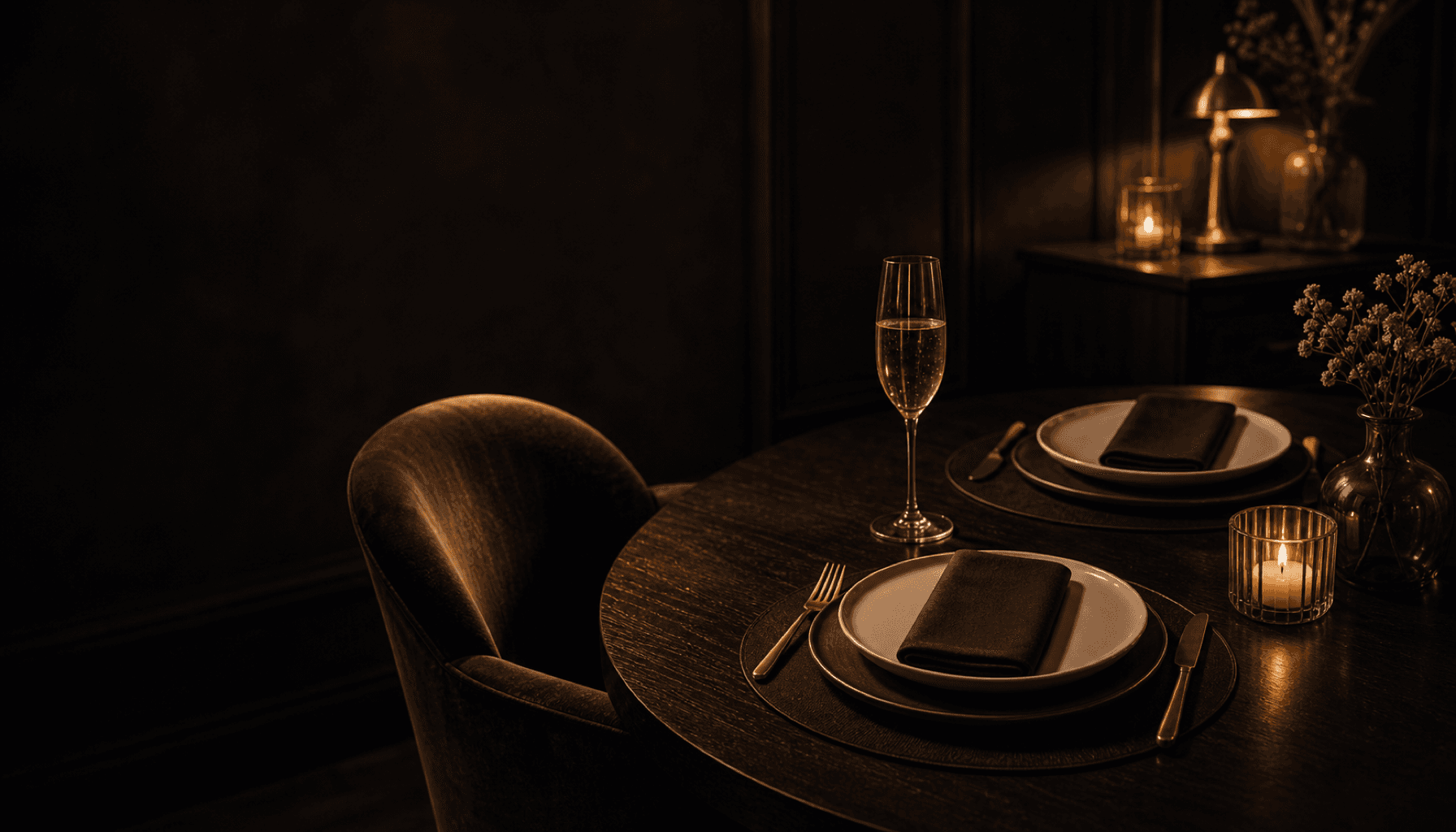Two place settings and a single glass of champagne on a charcoal table in warm candlelight, one seat softly lit.