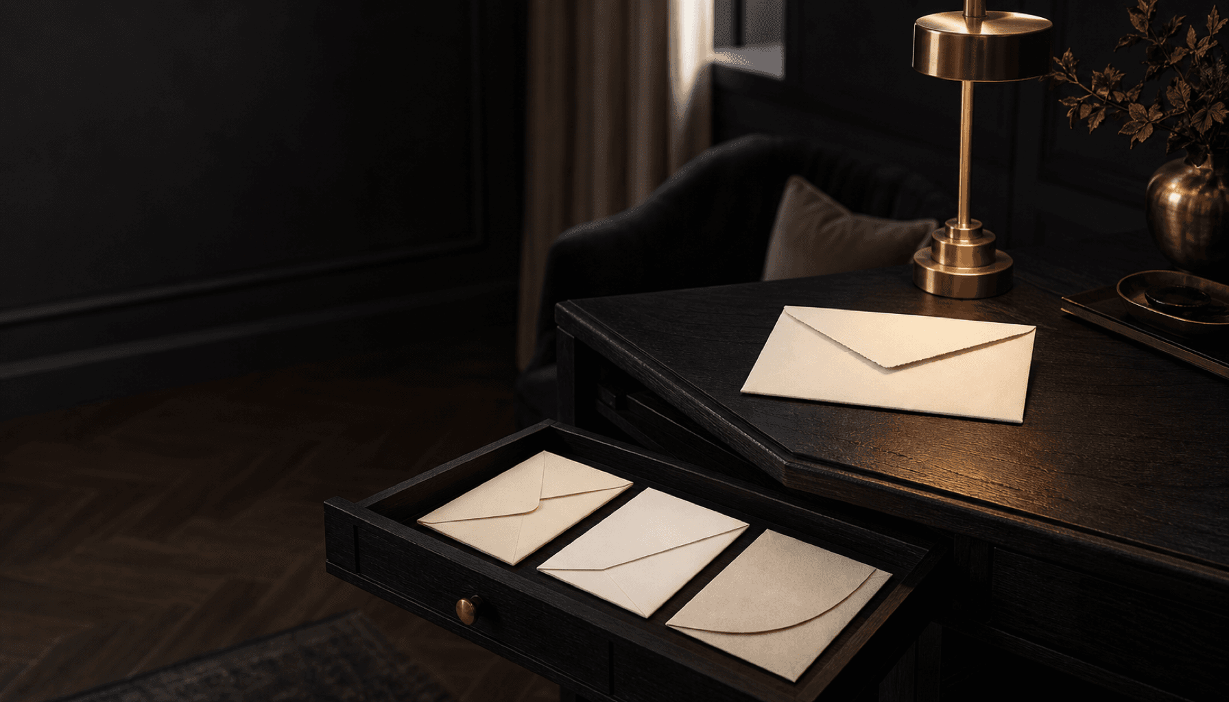 Cream invitation cards on a dark desk.