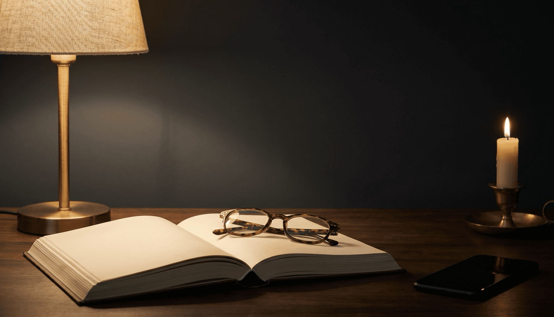 An open book and reading glasses in warm lamplight, a phone set face-down at the edge of a charcoal desk.