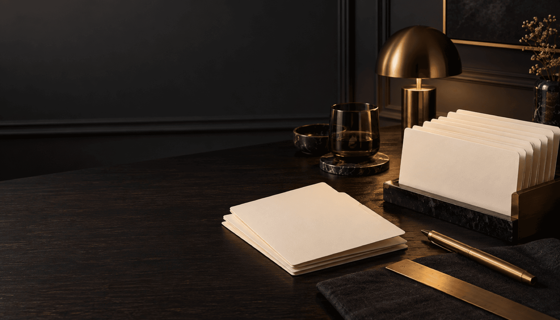 Blank cream folders arranged in two groups on a charcoal table under warm light.