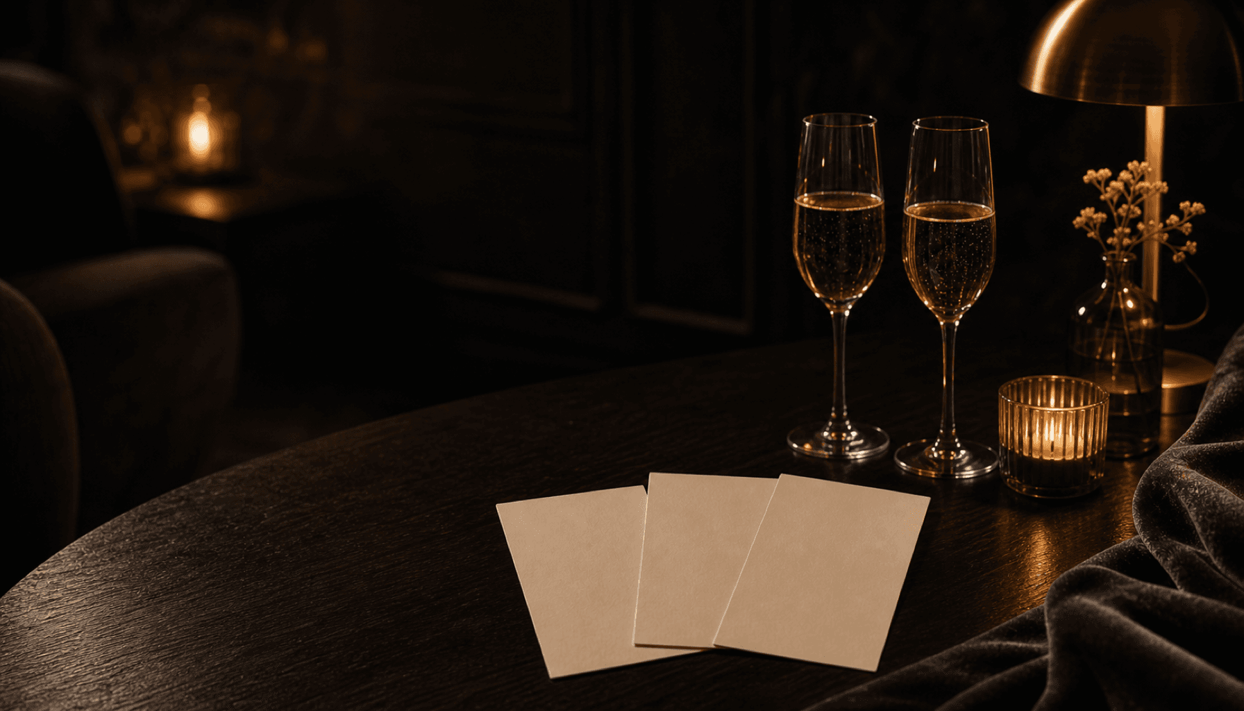 Three blank cream cards fanned beside two champagne glasses on a charcoal table in warm evening light.
