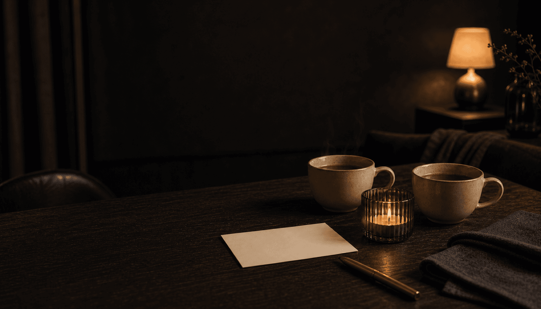 A single place setting and a slow-burning candle on a charcoal table in warm evening light.